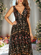 Double Crazy Women Elegant Embroidery Detail Deep V-Neck Waisted Long Evening Dress, Summer